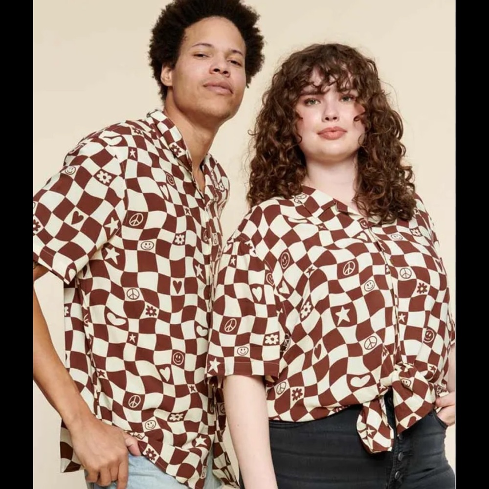 Earthbound Unisex brown checkered design button down shirt